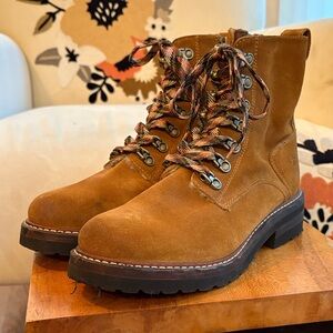 Frye Suede Combat Hiking Boots Sherpa Tongue Lug Sole Brown Size 10 - like new